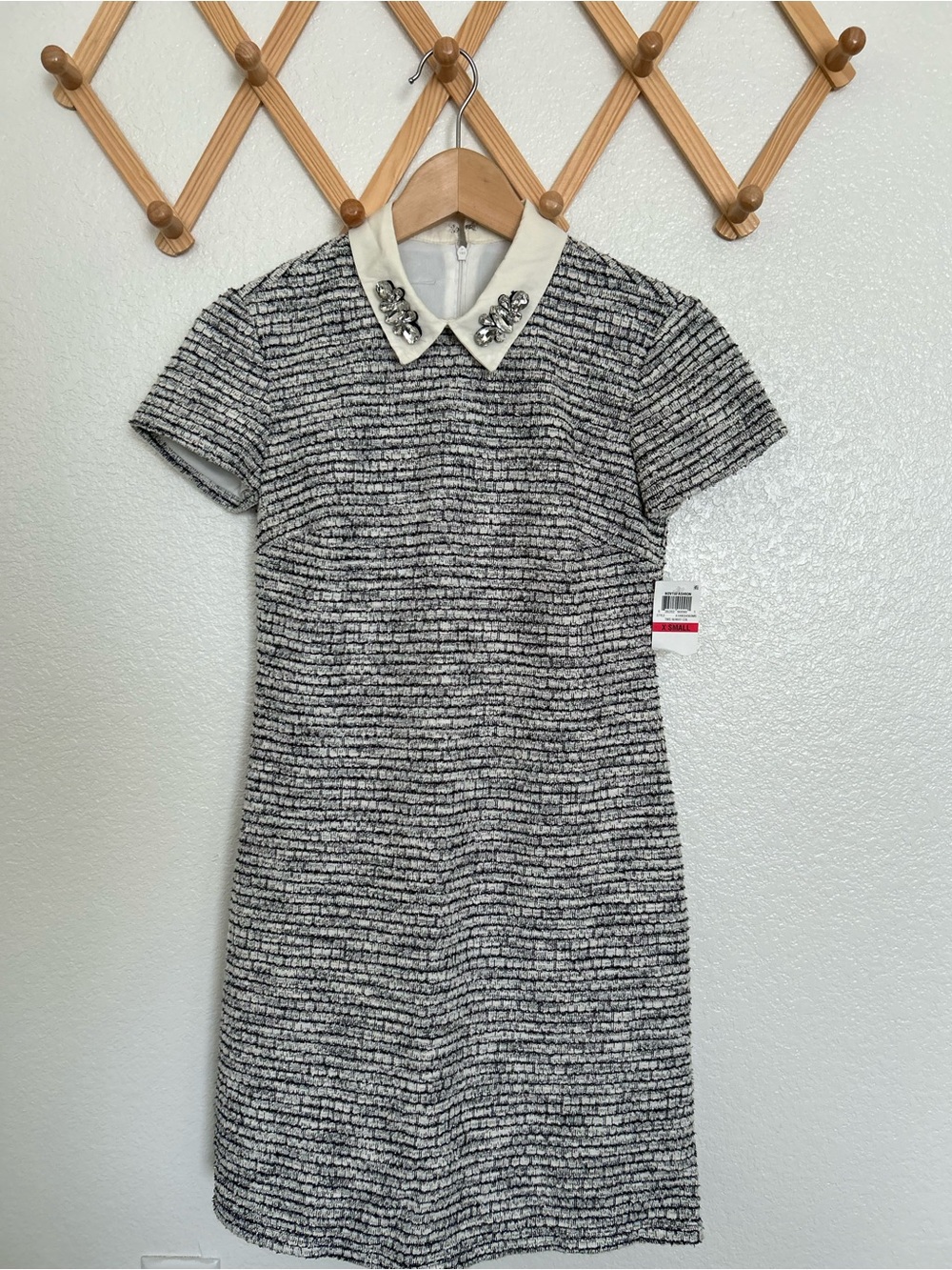 Maison Jules Black & White Tweed Midi Dress with Embellished Collar